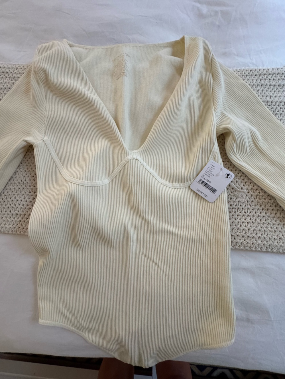 Free People Cream Ribbed Deep V Bodysuit